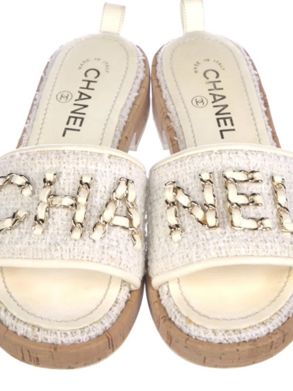 CHANEL Cream and Gold Tweed Slide Sandals